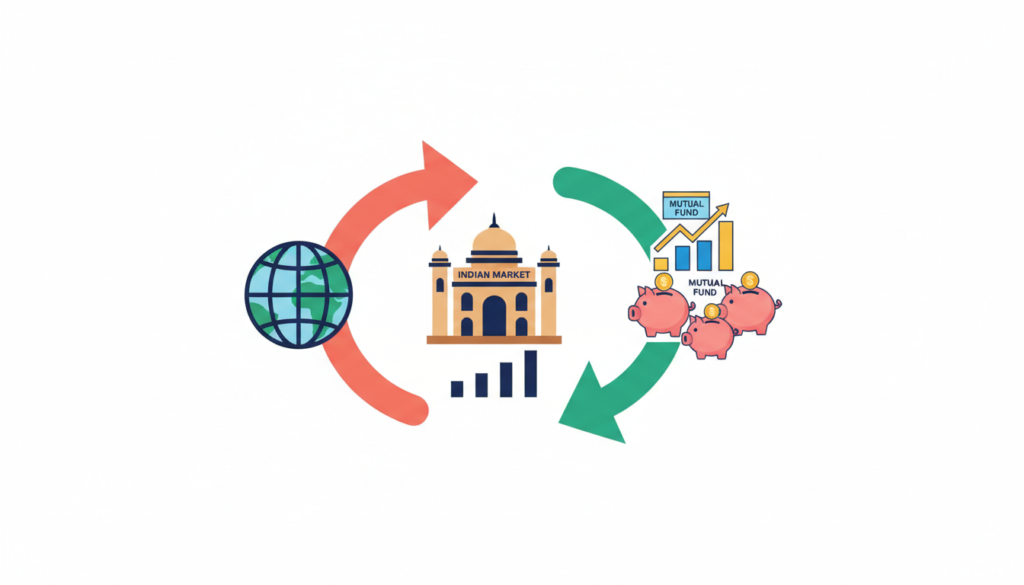 Flow diagram showing foreign investor outflow versus larger domestic institutional inflow in Indian equities over four sessions of the week ending 23 October 2026