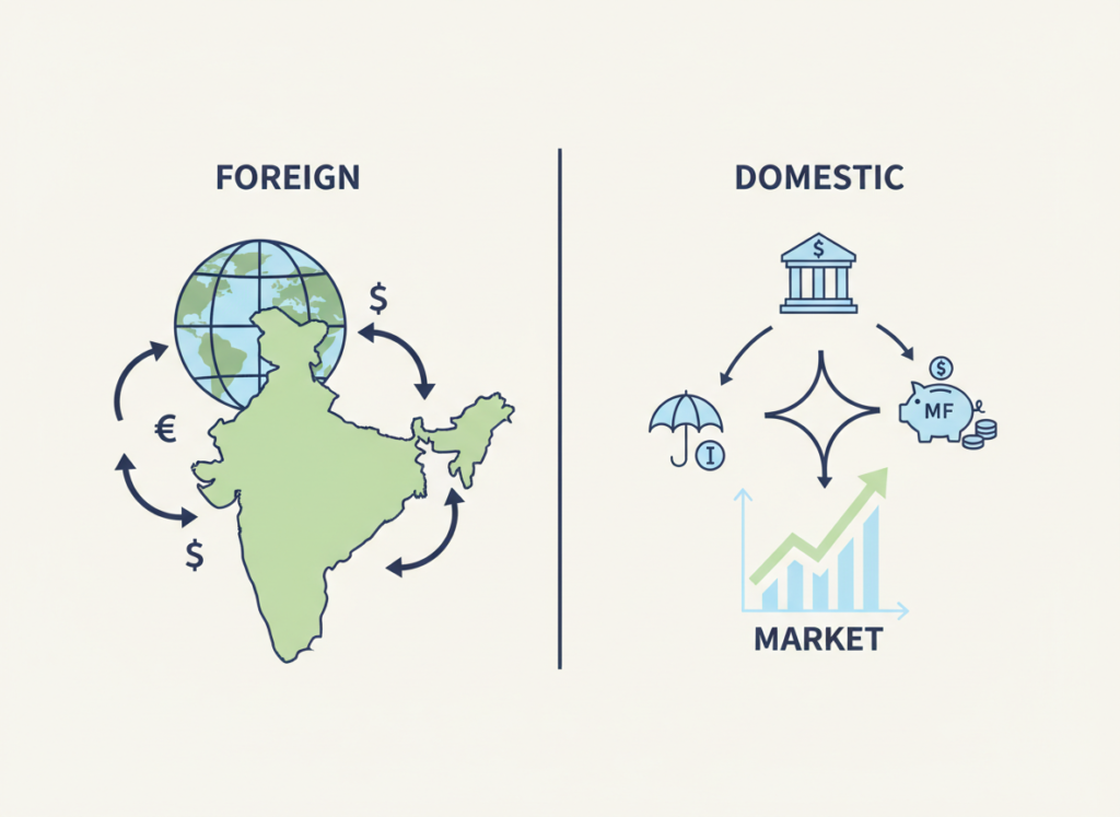 Difference between FII and DII: foreign money flows from global funds versus steady domestic flows from Indian banks, insurers and mutual funds