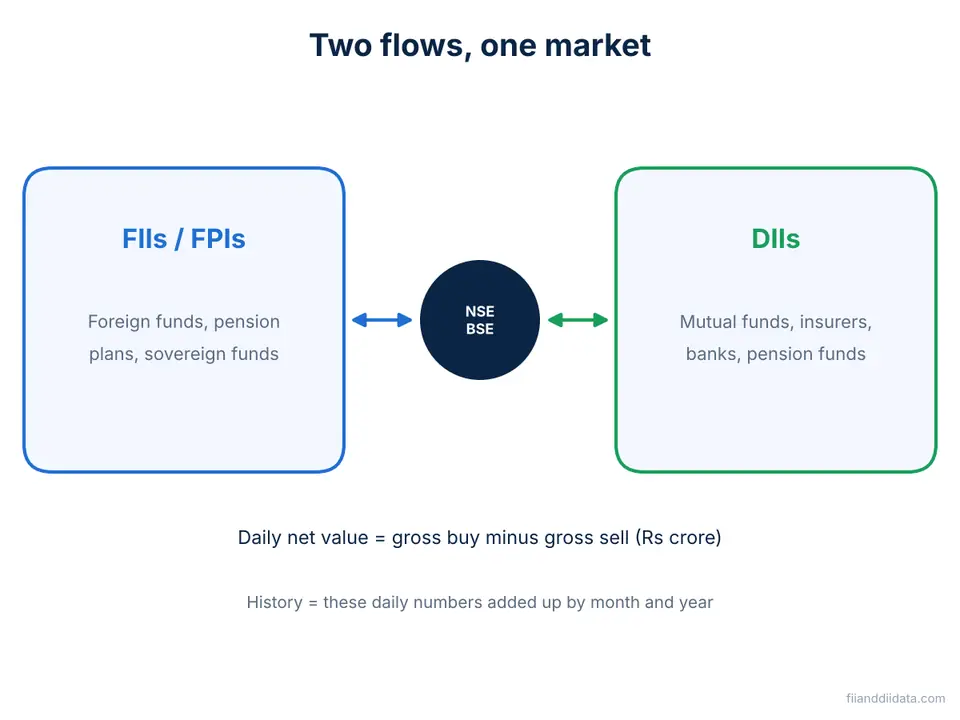 Diagram explaining FII DII data history as foreign and domestic institutional money flowing through NSE and BSE