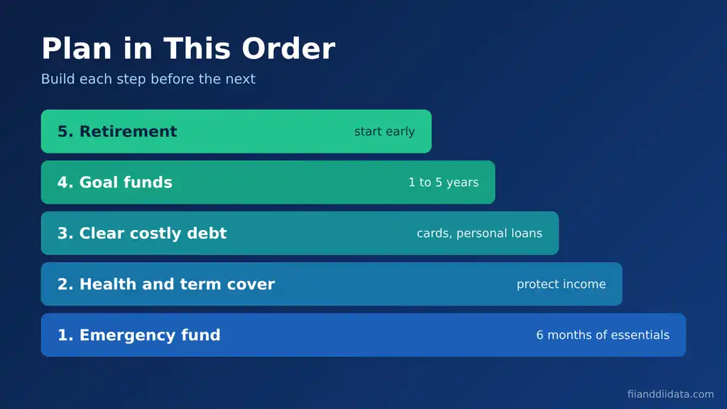 Financial planning for beginners priority ladder: emergency fund, health and term cover, clearing costly debt, goal funds and retirement