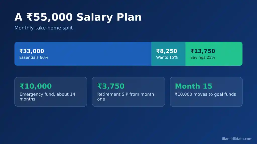 Financial planning for beginners example splitting a ₹55,000 salary into ₹33,000 essentials, ₹8,250 wants and ₹13,750 savings