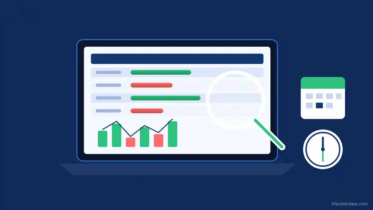 How to check FII DII data: laptop showing institutional buy and sell flows under a magnifying glass with a calendar and clock