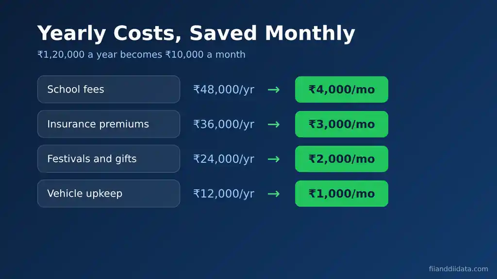 How to create a monthly budget with sinking funds: Rs 48,000 school fees, Rs 36,000 insurance, Rs 24,000 festivals and Rs 12,000 vehicle upkeep a year become Rs 10,000 a month