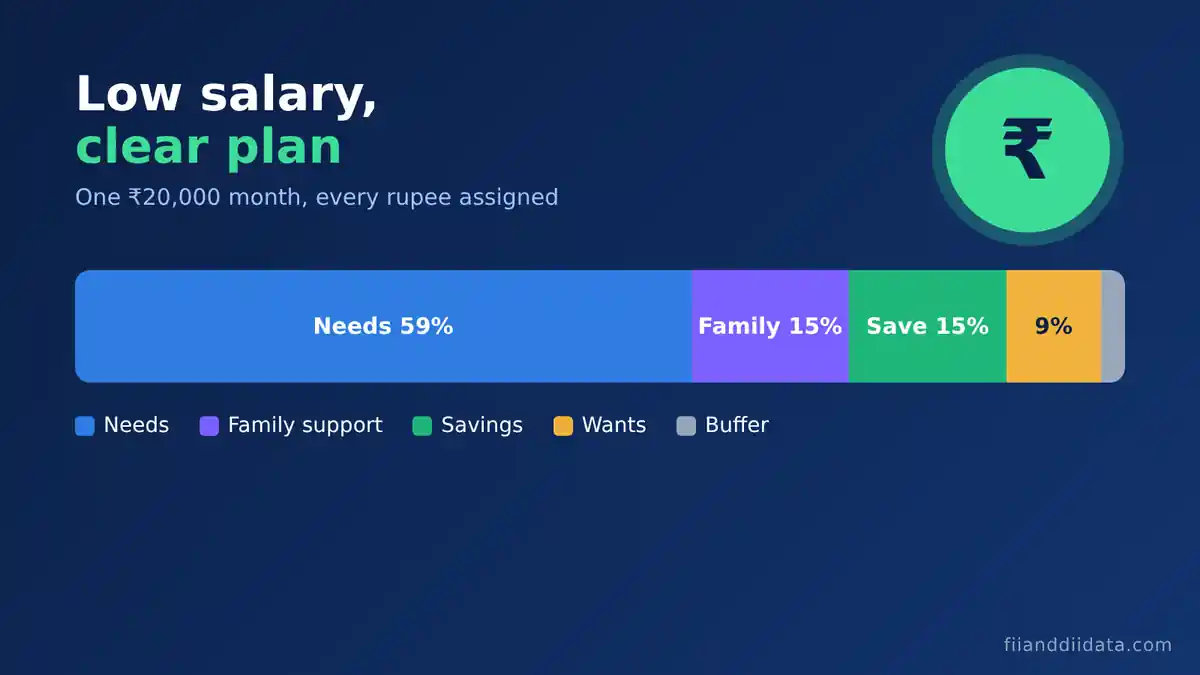 How to manage expenses on a low salary: a Rs 20,000 month split into needs 59%, family support 15%, savings 15%, wants 9% and a small buffer