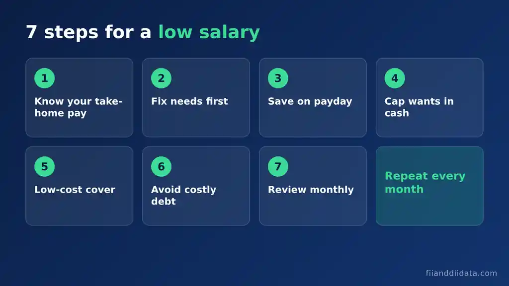 How to manage expenses on a low salary in 7 steps: know take-home pay, fix needs first, save on payday, cap wants in cash, get low-cost cover, avoid costly debt, review monthly