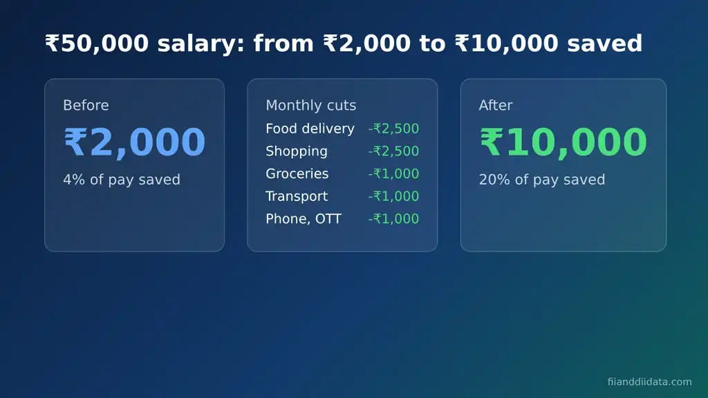 How to save money every month worked example: a Rs 50,000 salary moving from Rs 2,000 to Rs 10,000 saved through five monthly expense cuts