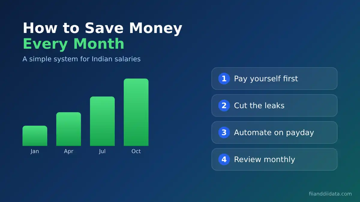 How to save money every month infographic showing savings rising from January to October with four steps: pay yourself first, cut the leaks, automate on payday, review monthly
