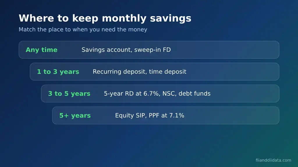 How to save money every month ladder showing where to keep savings: savings account for any time, RD for 1 to 3 years, 5-year RD at 6.7% for 3 to 5 years, equity SIP and PPF at 7.1% for 5 years or more