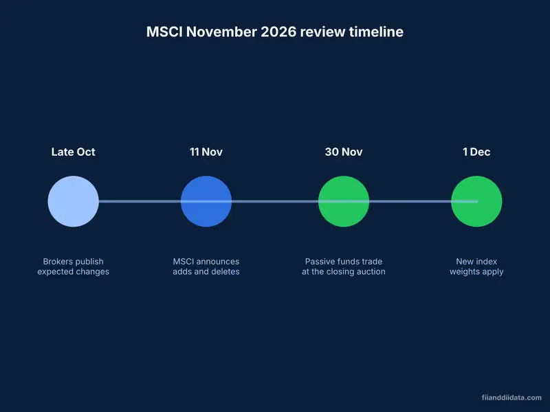 Timeline of MSCI rebalancing November 2026 India from broker previews to the 11 November announcement and 30 November closing auction
