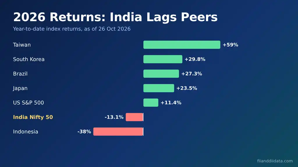 Nifty fall 2026 reason bar chart comparing the Nifty 50 year-to-date return of minus 13.1% with Taiwan, Korea, Brazil, Japan and the US