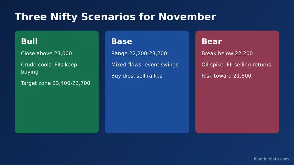 Nifty outlook November 2026 bull, base and bear scenarios with trigger levels at 23,000 and 22,200