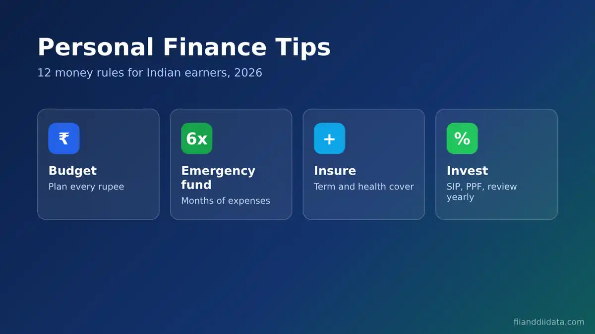 Personal finance tips infographic showing budget, emergency fund, insurance and investing for Indian earners